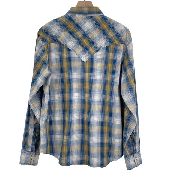 Wrangler Western Shirt Long Sleeve Button Up Pearl Snaps Blue Tan Plaid | Large - Picture 5 of 14